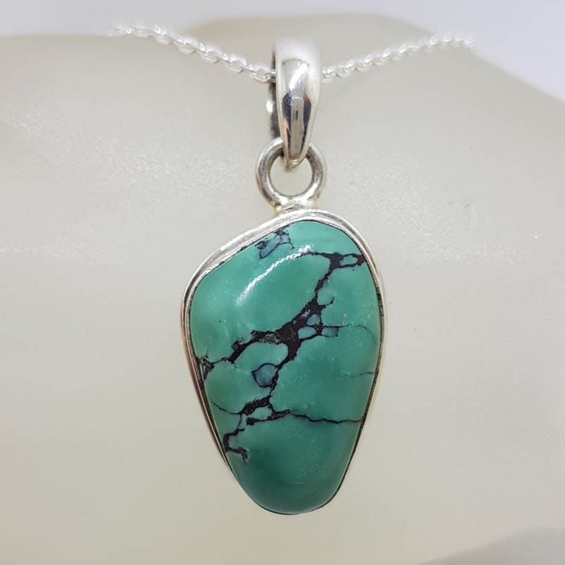 Sterling Silver Natural Turquoise Freeform Shape Pendant on Silver Chain