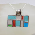 Sterling Silver Multi-Colour Rectangular Enamel Mosaic Design Pendant on Silver Chain