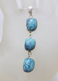 Sterling Silver Natural Turquoise Long Three Stone Drop Pendant on Silver Chain