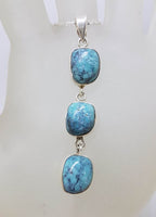 Sterling Silver Natural Turquoise Long Three Stone Drop Pendant on Silver Chain