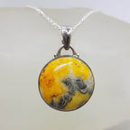 Sterling Silver Bumble Bee Jasper / Quartz Round Bezel Set Pendant on Silver Chain