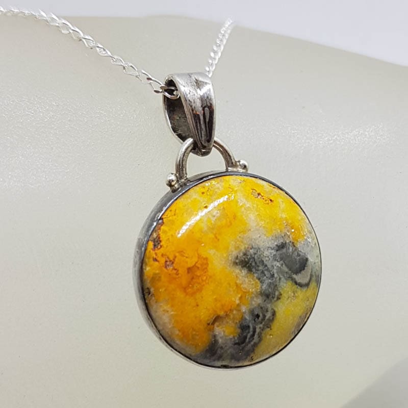 Sterling Silver Bumble Bee Jasper / Quartz Round Bezel Set Pendant on Silver Chain
