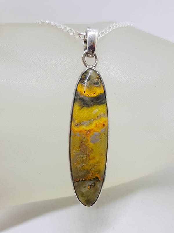Sterling Silver Bumble Bee Jasper / Quartz Elongated Oval Bezel Set Pendant on Silver Chain
