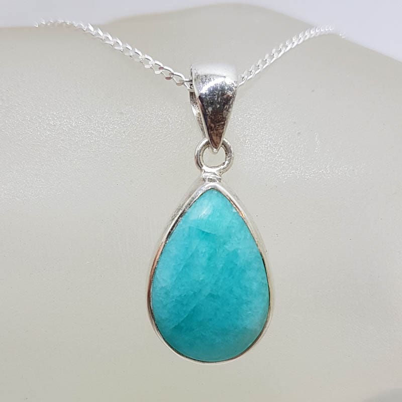 Sterling Silver Amazonite Teardrop / Pear Shape Bezel Set Pendant on Silver Chain
