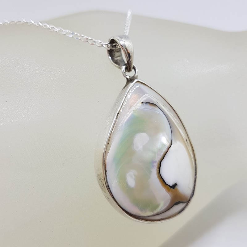 Sterling Silver Mother of Pearl Teardrop / Pear Shape Bezel Set Pendant on Silver Chain