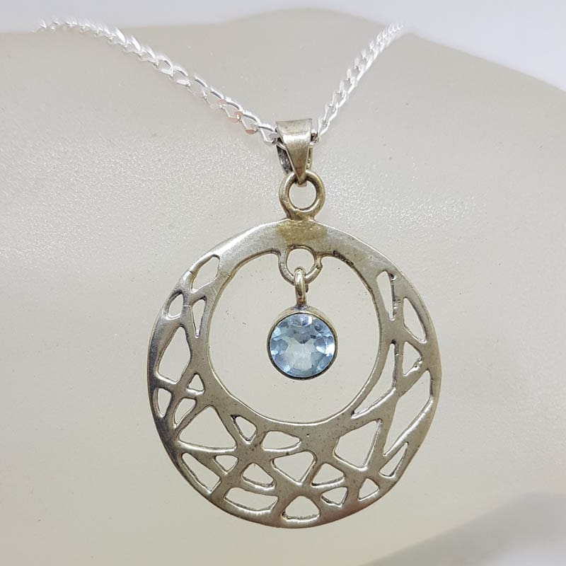 Sterling Silver Topaz Drop in Ornate Open Patterned Circle Pendant on Silver Chain
