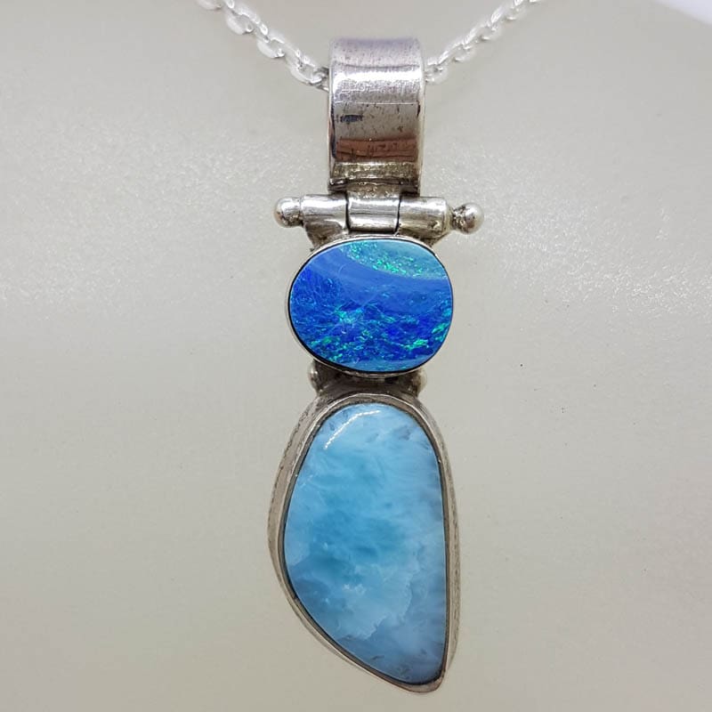 Sterling Silver Opal and Larimar Bezel Set Pendant on Silver Chain