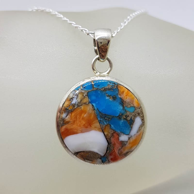Sterling Silver Round Spiny Oyster Turquoise Pendant on Silver Chain