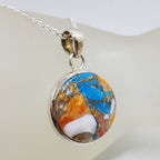 Sterling Silver Round Spiny Oyster Turquoise Pendant on Silver Chain