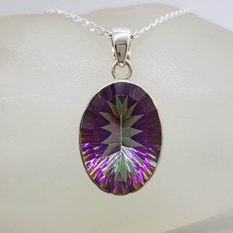 Sterling Silver Oval Mystic Quartz / Mystic Topaz Bezel Set Pendant on Silver Chain