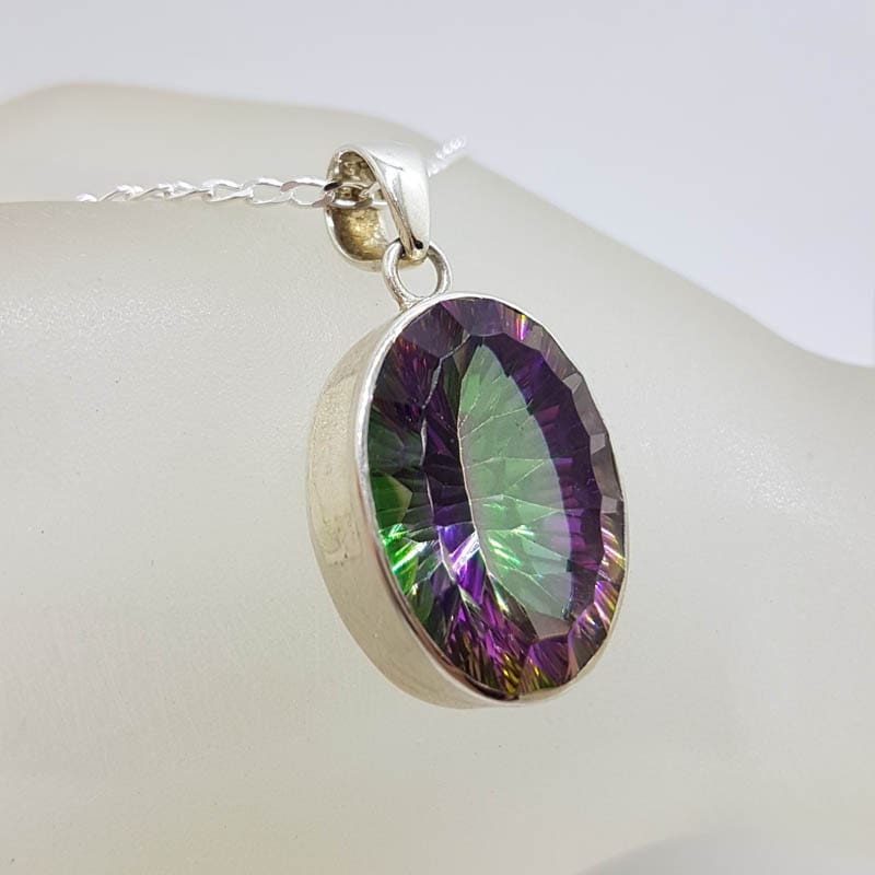 Sterling Silver Oval Mystic Quartz / Mystic Topaz Bezel Set Pendant on Silver Chain