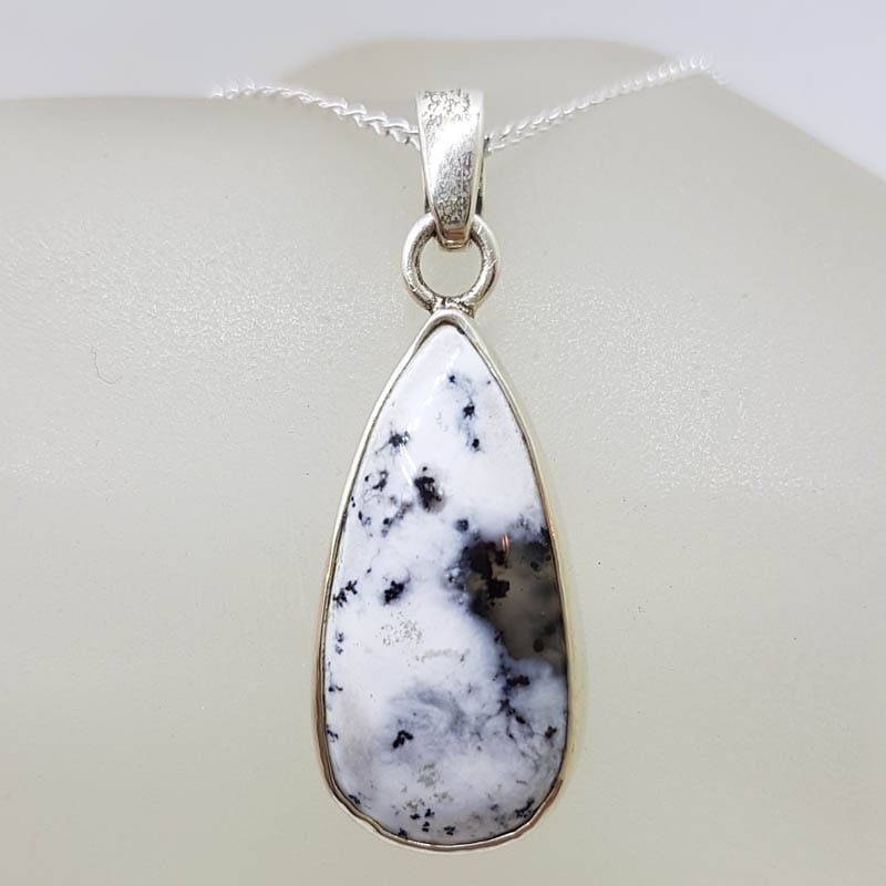 Sterling Silver Dendritic Agate Teardrop / Pear Shape Pendant on Silver Chain