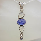Sterling Silver Long Curved Cabochon Cut Moonstone and Tanzanite Pendant on Silver Chain