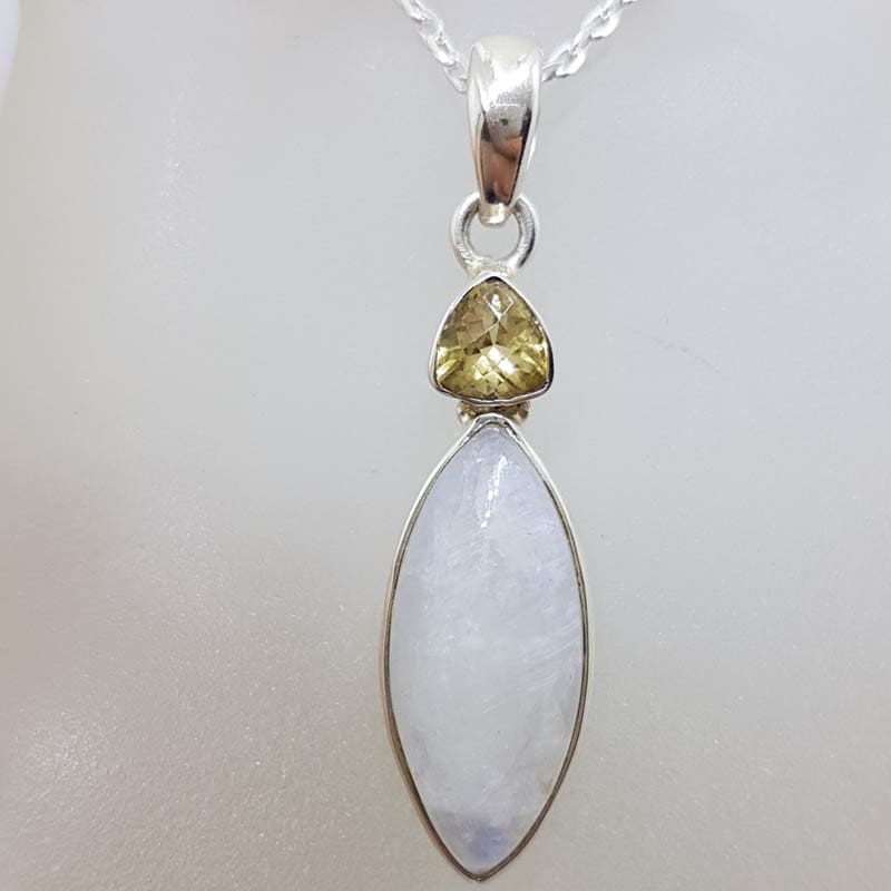 Sterling Silver Bezel Set Marquis Cabochon Cut Moonstone with Citrine Pendant on Silver Chain