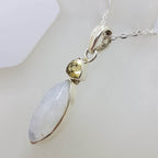 Sterling Silver Bezel Set Marquis Cabochon Cut Moonstone with Citrine Pendant on Silver Chain