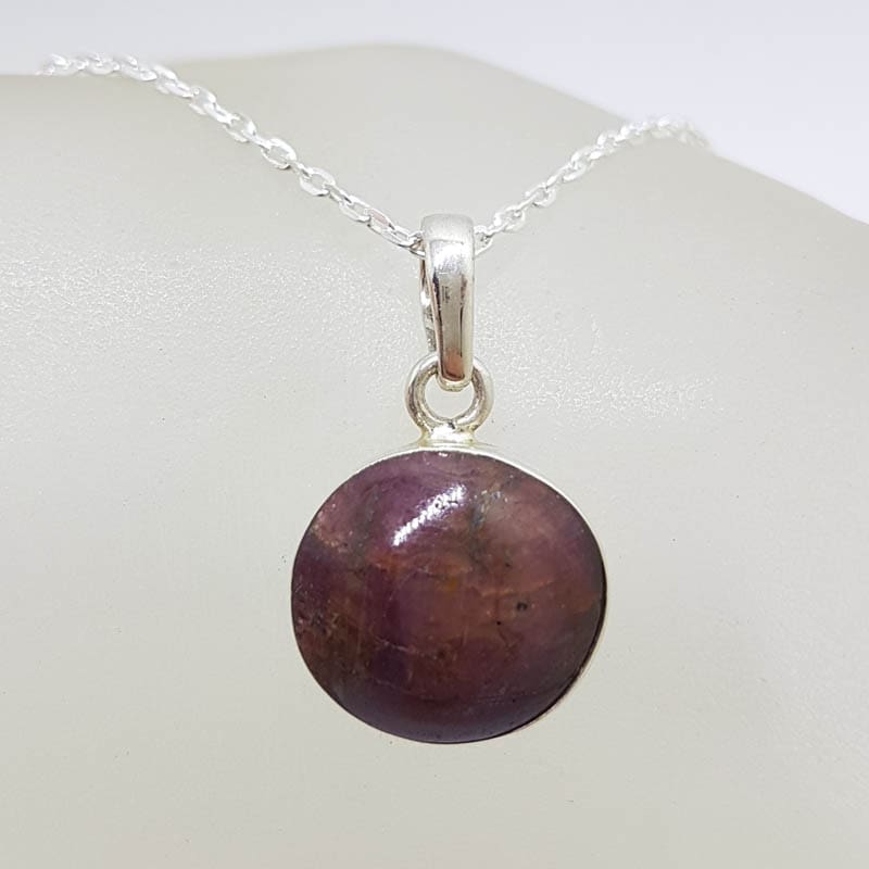 Sterling Silver Round Bezel Set Star Ruby Pendant on Silver Chain