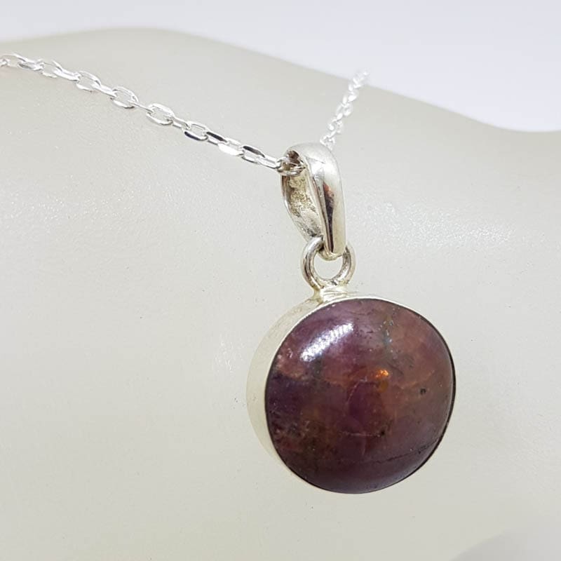 Sterling Silver Round Bezel Set Star Ruby Pendant on Silver Chain