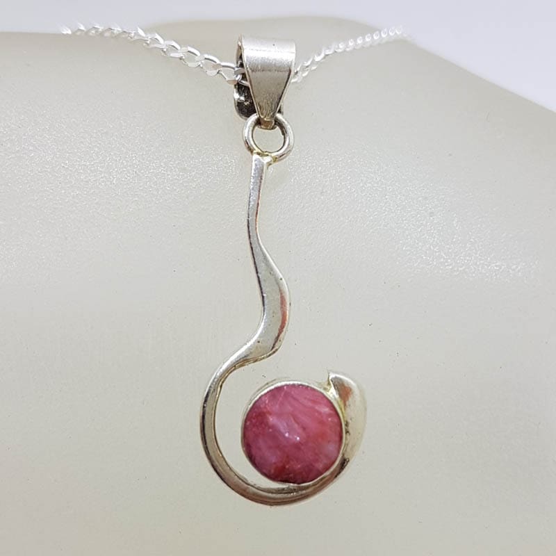 Sterling Silver Long Curved Ruby Pendant on Silver Chain
