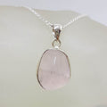 Sterling Silver Bezel Set Unusual Shape Cabochon Cut Rose Quartz Pendant on Silver Chain