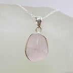 Sterling Silver Bezel Set Unusual Shape Cabochon Cut Rose Quartz Pendant on Silver Chain