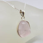 Sterling Silver Bezel Set Unusual Shape Cabochon Cut Rose Quartz Pendant on Silver Chain