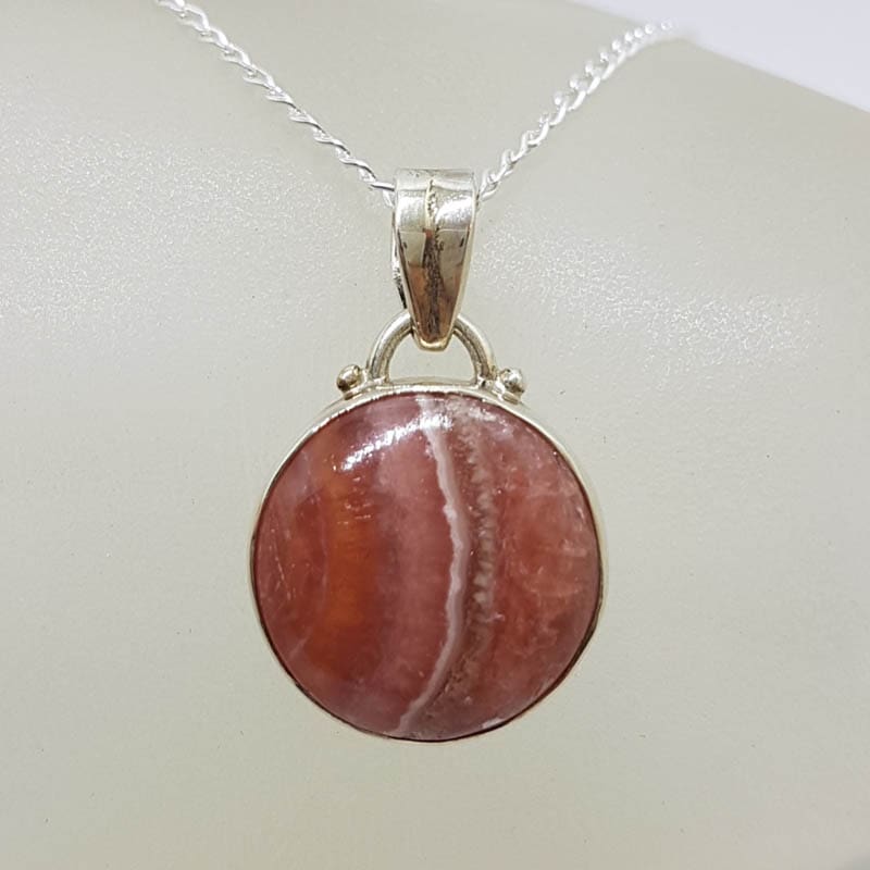 Sterling Silver Round Bezel Set Rhodochrosite Pendant on Silver Chain