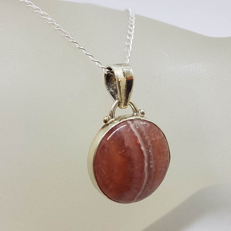 Sterling Silver Round Bezel Set Rhodochrosite Pendant on Silver Chain