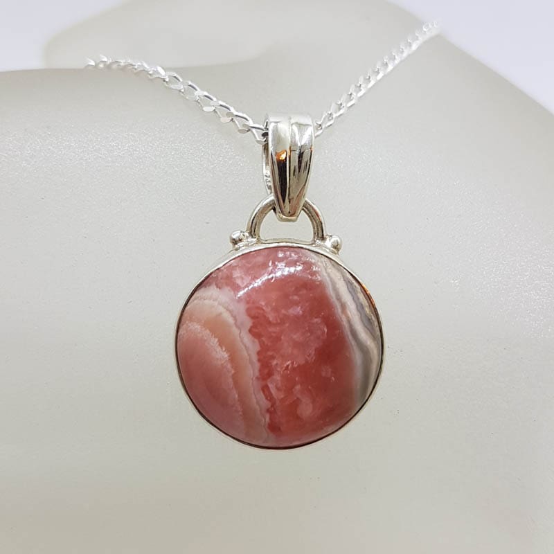 Sterling Silver Round Bezel Set Rhodochrosite Pendant on Silver Chain