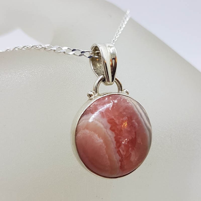 Sterling Silver Round Bezel Set Rhodochrosite Pendant on Silver Chain