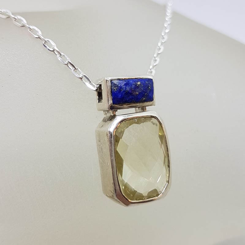 Sterling Silver Bezel Set Rectangular Citrine and Lapis Lazuli Pendant on Silver Chain