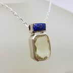 Sterling Silver Bezel Set Rectangular Citrine and Lapis Lazuli Pendant on Silver Chain