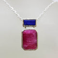 Sterling Silver Bezel Set Rectangular Ruby and Lapis Lazuli Pendant on Silver Chain