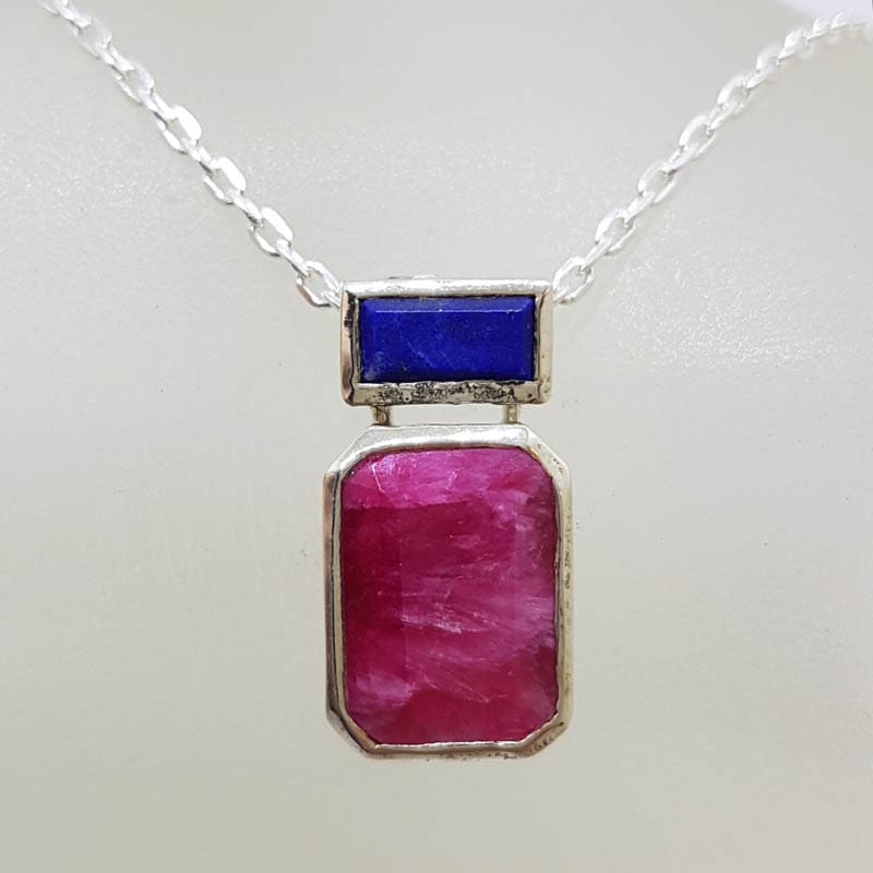 Sterling Silver Bezel Set Rectangular Ruby and Lapis Lazuli Pendant on Silver Chain