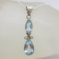 Sterling Silver Long Ornate Design Two Stone Topaz Pendant on Silver Chain