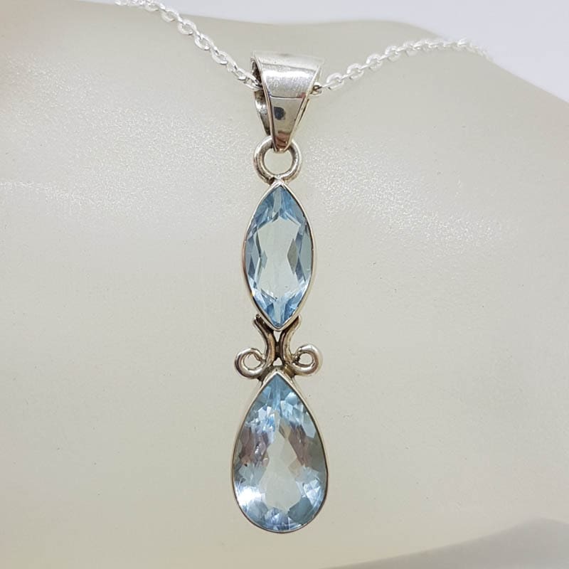 Sterling Silver Long Ornate Design Two Stone Topaz Pendant on Silver Chain
