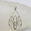 Sterling Silver Large Open Teardrop / Pear Shape Lotus Design with Green Amethyst / Prasiolite Pendant on Silver Chain