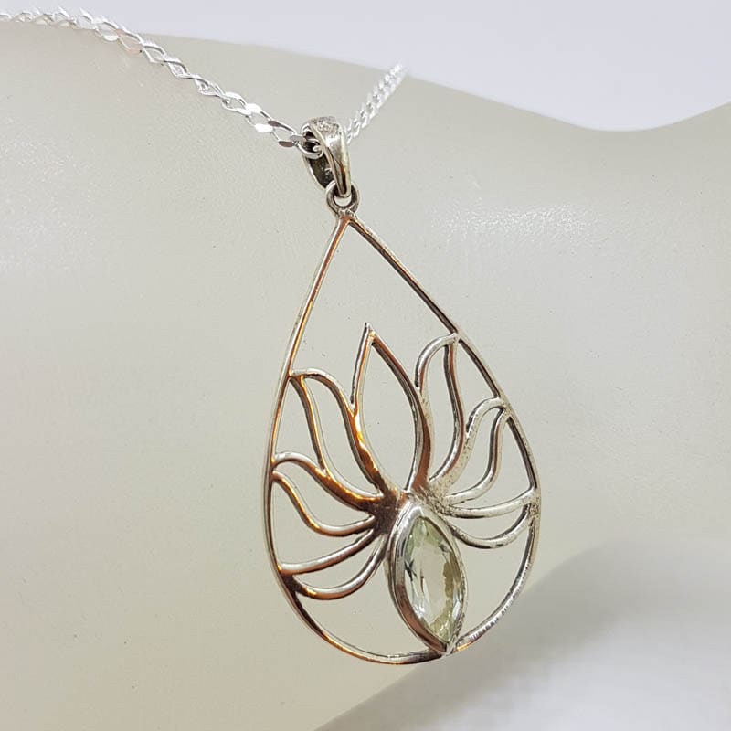 Sterling Silver Large Open Teardrop / Pear Shape Lotus Design with Green Amethyst / Prasiolite Pendant on Silver Chain