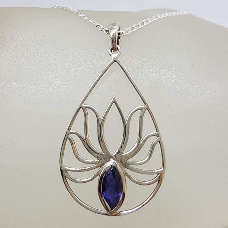 Sterling Silver Large Open Teardrop / Pear Shape Lotus Design with Iolite Pendant on Silver Chain