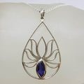 Sterling Silver Large Open Teardrop / Pear Shape Lotus Design with Iolite Pendant on Silver Chain
