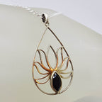 Sterling Silver Large Open Teardrop / Pear Shape Lotus Design with Onyx Pendant on Silver Chain