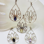 Sterling Silver Large Open Teardrop / Pear Shape Lotus Design with Iolite Pendant on Silver Chain