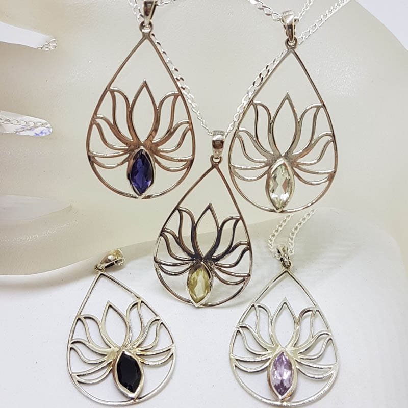 Sterling Silver Large Open Teardrop / Pear Shape Lotus Design with Amethyst Pendant on Silver Chain