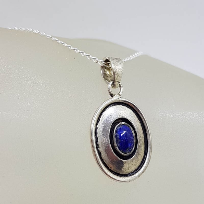 Sterling Silver Oval Rimmed Lapis Lazuli Pendant on Silver Chain