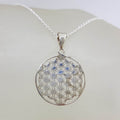 Sterling Silver Ornate Lattice Patterned Round Flat Pendant on Silver Chain