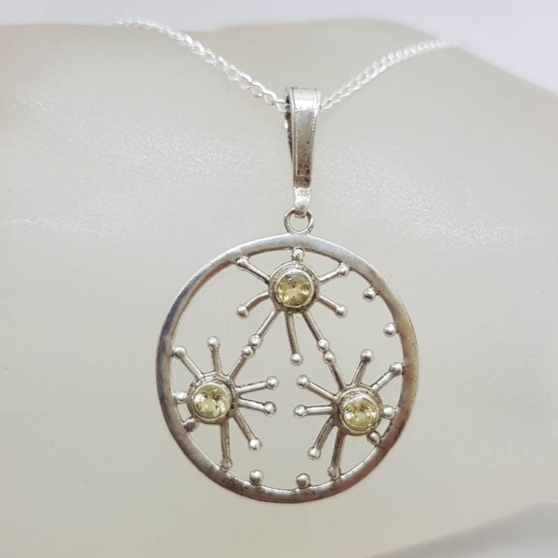 Sterling Silver 3 Citrine in Starburst Patterned Round Pendant on Silver Chain