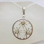 Sterling Silver 3 Citrine in Starburst Patterned Round Pendant on Silver Chain