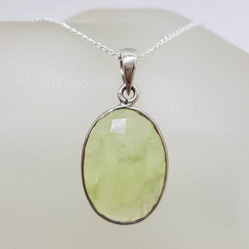 Sterling Silver Oval Bezel Set Prehnite Pendant on Silver Chain