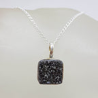 Sterling Silver Square Bezel Set Black Druzy Pendant on Silver Chain