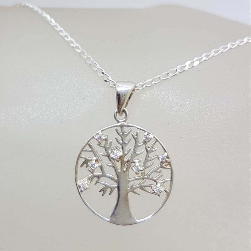 Sterling Silver Open Design Round Flat Tree of Life with Cubic Zirconia Pendant on Silver Chain