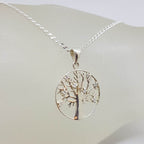Sterling Silver Open Design Round Flat Tree of Life with Cubic Zirconia Pendant on Silver Chain
